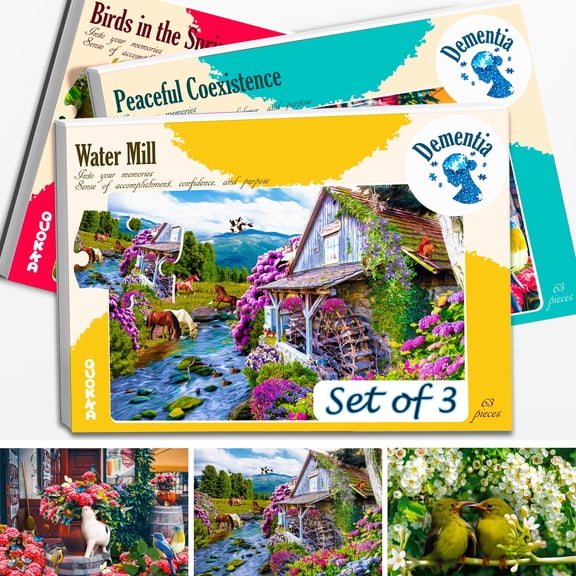 Quokka 63 Pieces Dementia Puzzles for Elderly - 3 Alzheimers Jigsaw Puzzle with Birds and Cats