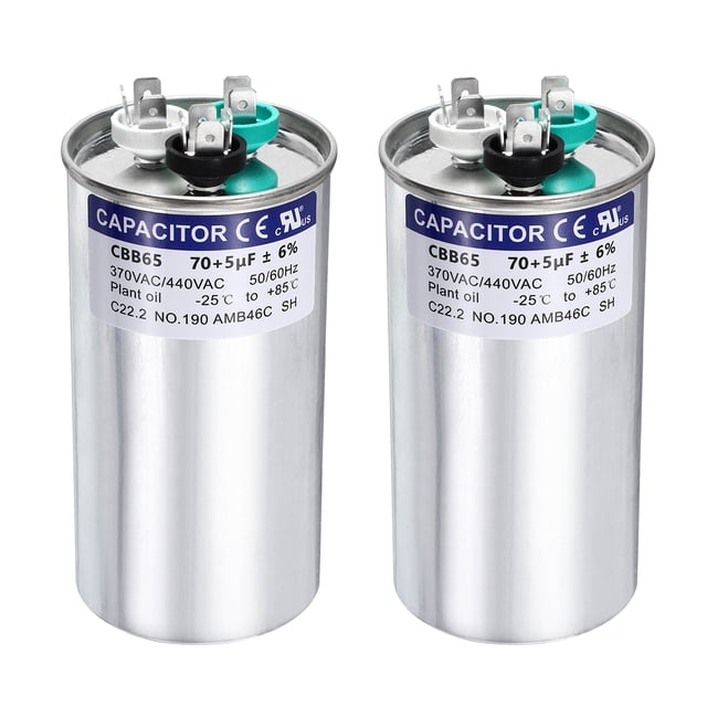 Uxcell 2Pcs 70+5MFD CBB65 Capacitor de Arranque Redondo 70+5uF, 370/440V para Motor de CA, HVAC, Aire Acondicionado, Motores de Condensador