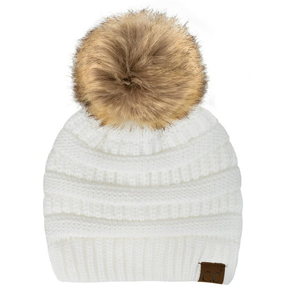 C.C Fur Pom Winter Fall Trendy Chunky Stretchy Cable Knit Beanie Hat (Solid White)