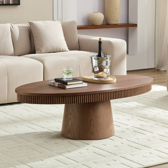 47" Modern Oval Coffee Table, Wooden Center Table with Handcrafted Relief Ellipse Drum and Sturdy Pedestal for Living Room, Walnut
