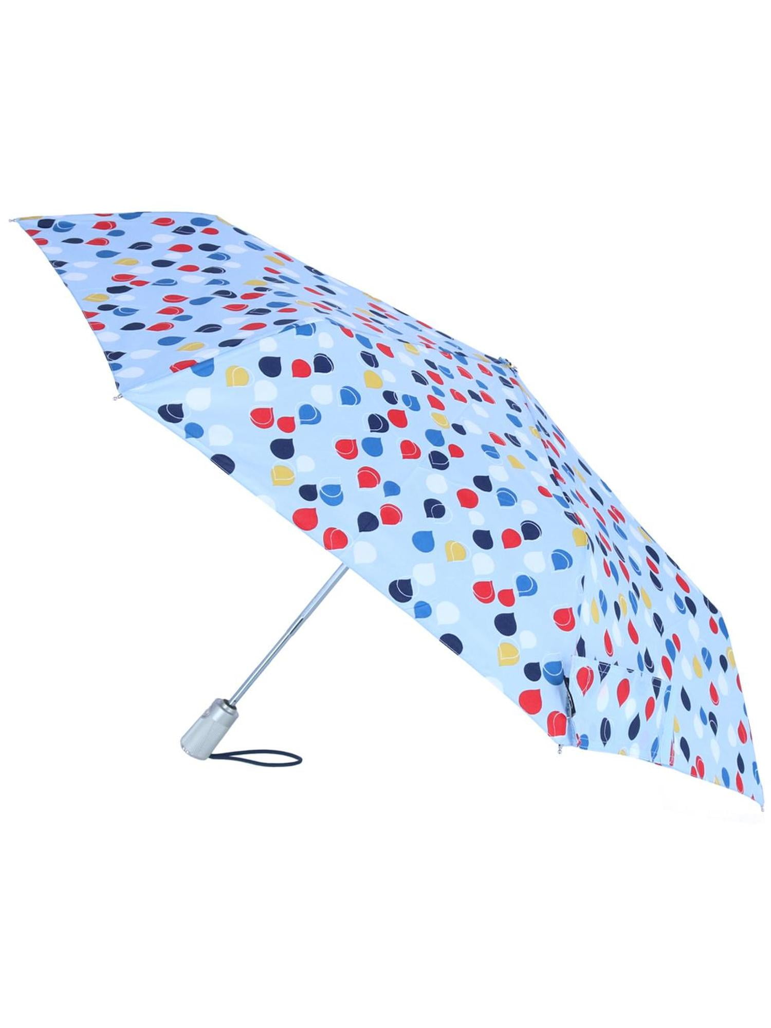 totes Automatic Eco Open Close Water-Resistant Travel Folding Umbrella-8411-U17 (Blue Large Raindrops)