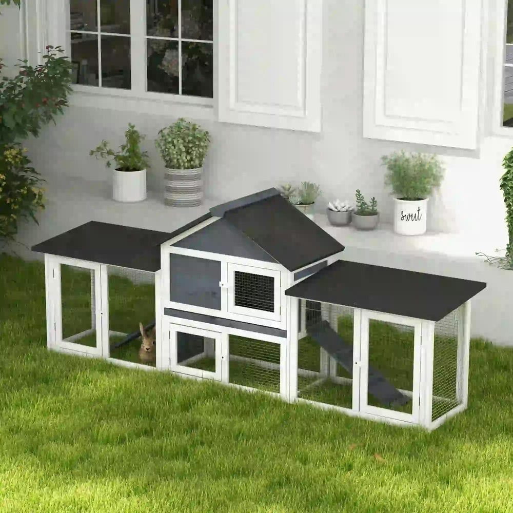 Topcobe Rabbit Cage Outdoor, Rabbit House 83" 2 Story Deluxe XL Wooden Rabbit Hutch Big Bunny Cage w/ Ladder and Run, Outdoor Wooden Pet Shelter