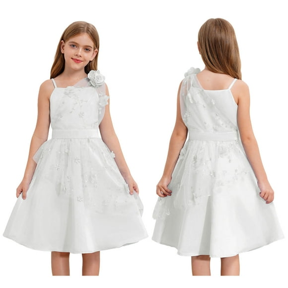 Hansber Kids Girls Formal Dress Flower Embroidery Straps Mesh Tulle Wedding Formal Birthday Dresses Ivory 6