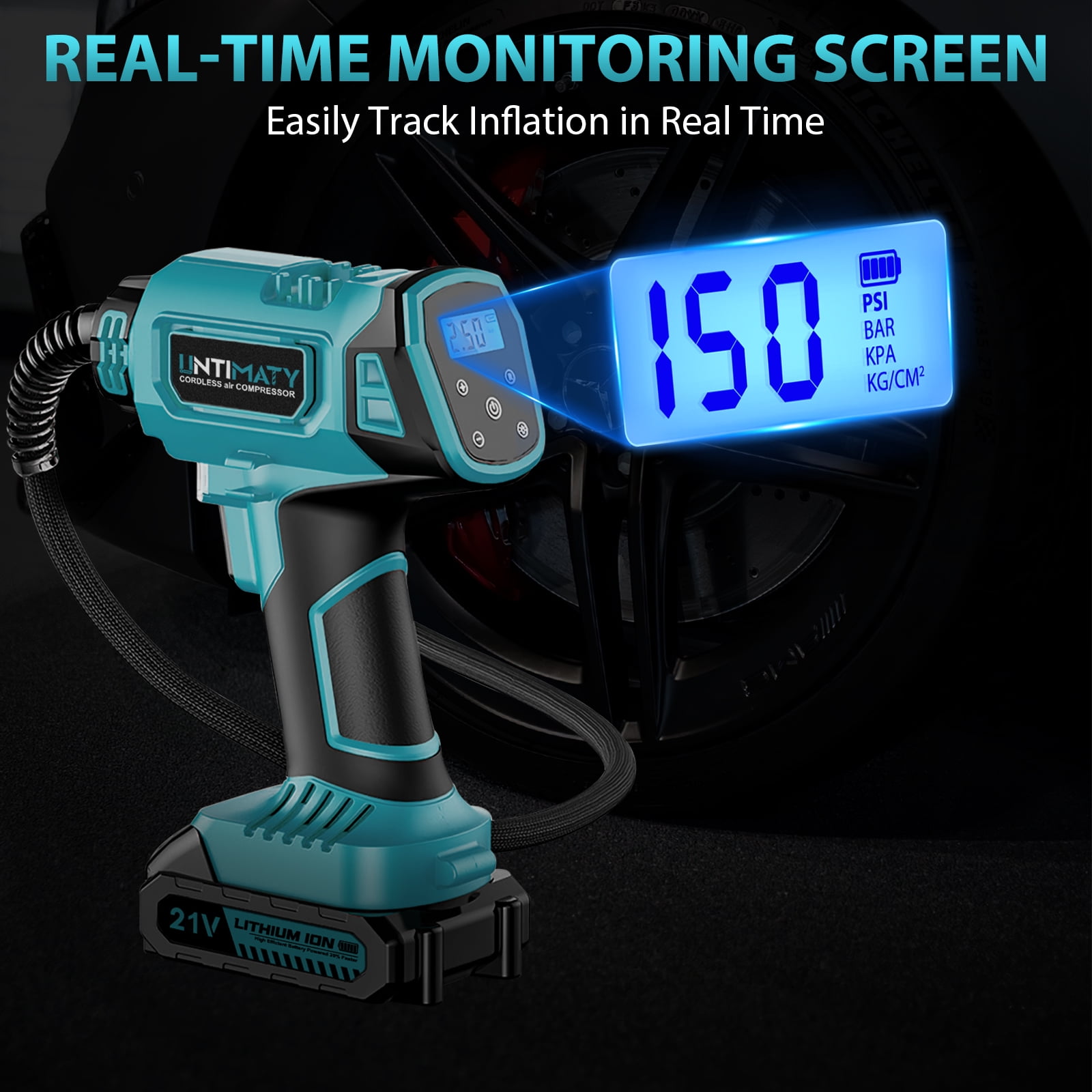 Cordless Tire Inflator, UNTIMATY Portable Air Compressor, 150PSI Handheld Air Pump with 21V Rechargeable Battery, Digital Pressure Gauge for Cars Motorcycles, Blue