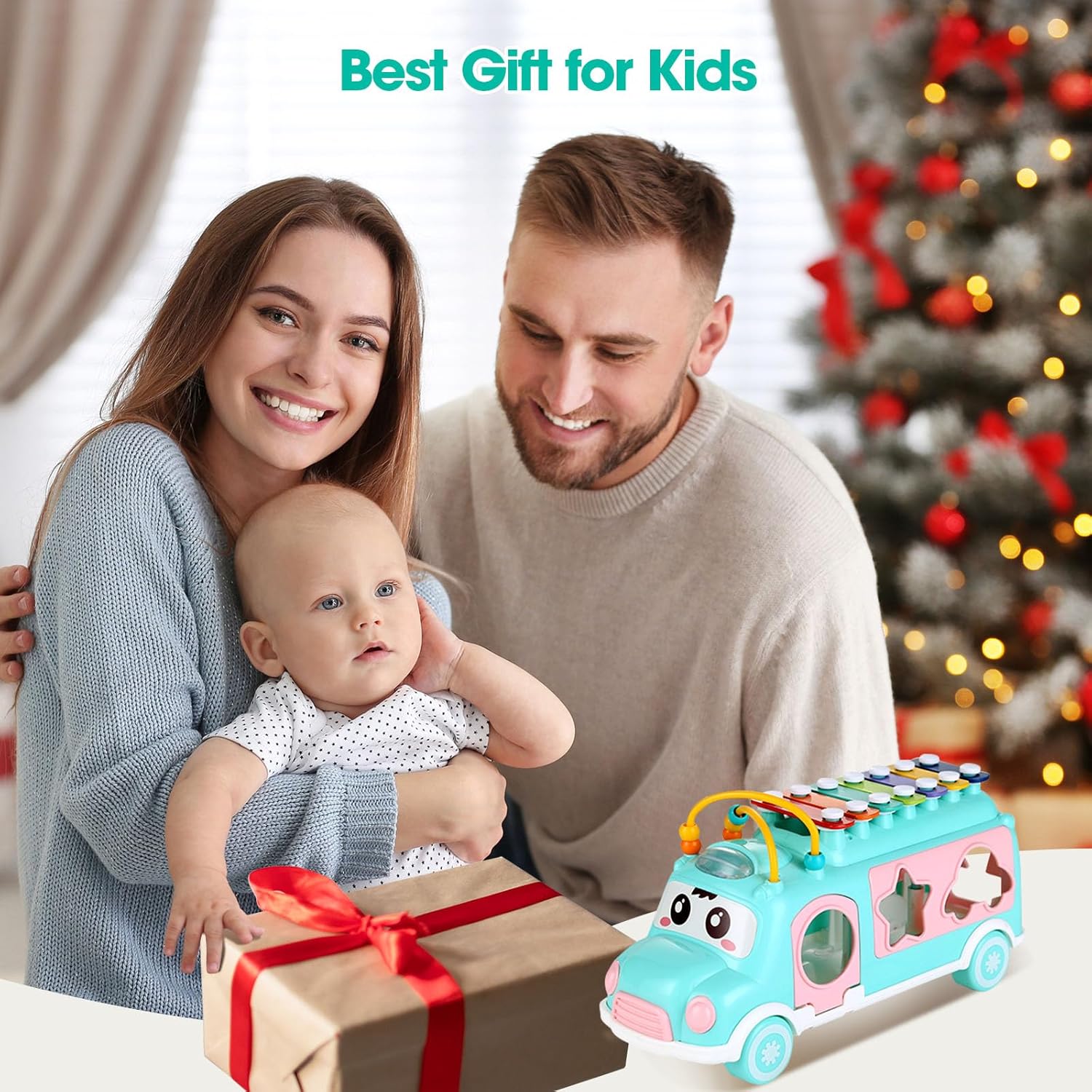 Baby Xylophone for Toddlers 18M+, Bus Shaped Toy Xylophone for Kids with Child Safe Mallet, Shape Sorting Educational Musical Toys and Instruments for Toddlers 1-3
