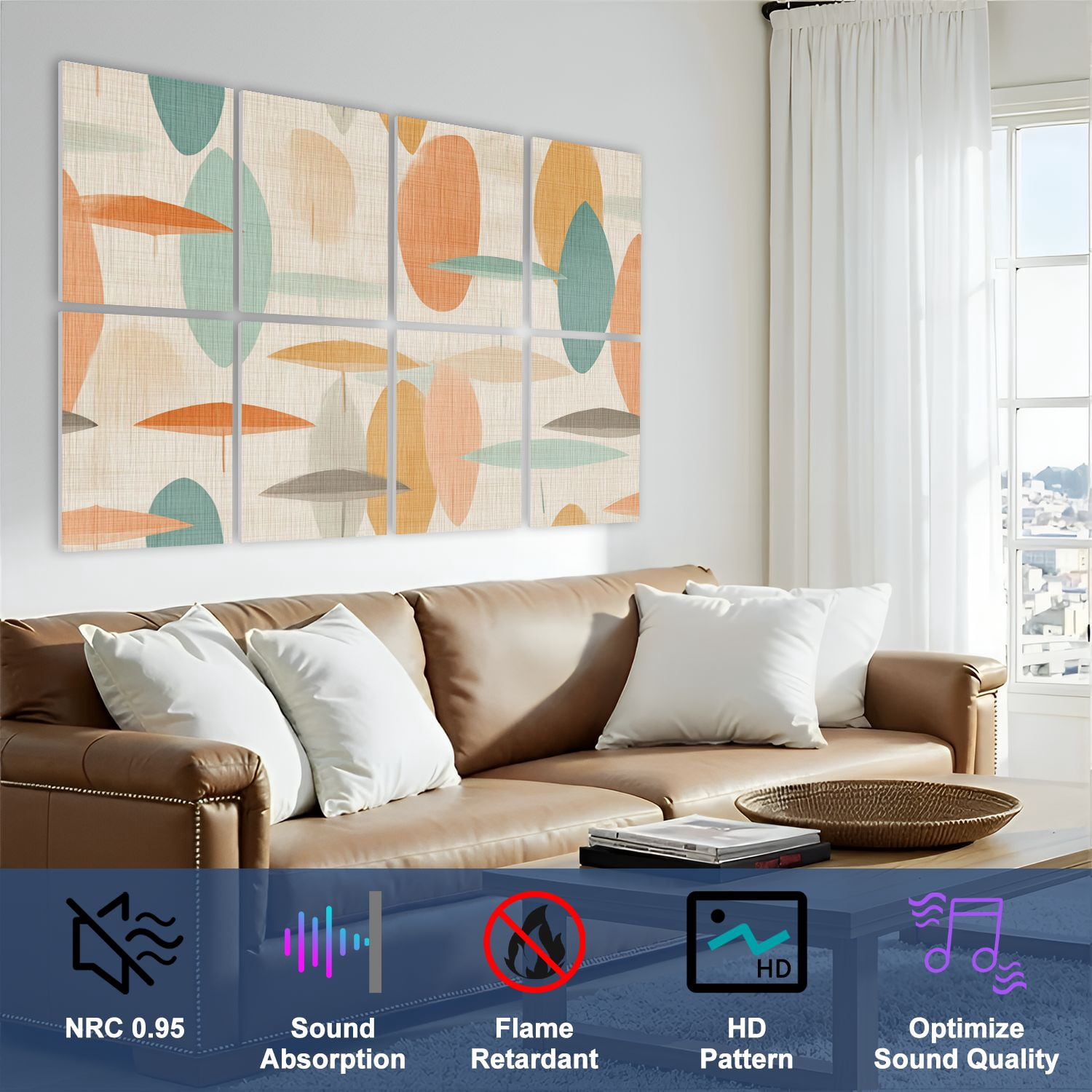 8 Pack Art Acoustic Panels Sound Absorbing Abstract Geometric Soft Pastel Decorative Soundproof Wall Panels Self Adhesive for Nursery Game Room Bedroom 48"x32"