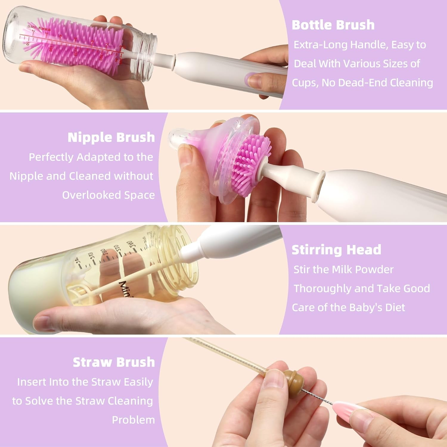 Electric Bottle Brush Cleaner, Rechargable Electric Baby Bottle Brush for Travel, Waterproof Electric Bottle Cleaner Set with Nipple & Straw Brush, Perfect Essentials Gift for Mom After Birth, Purple