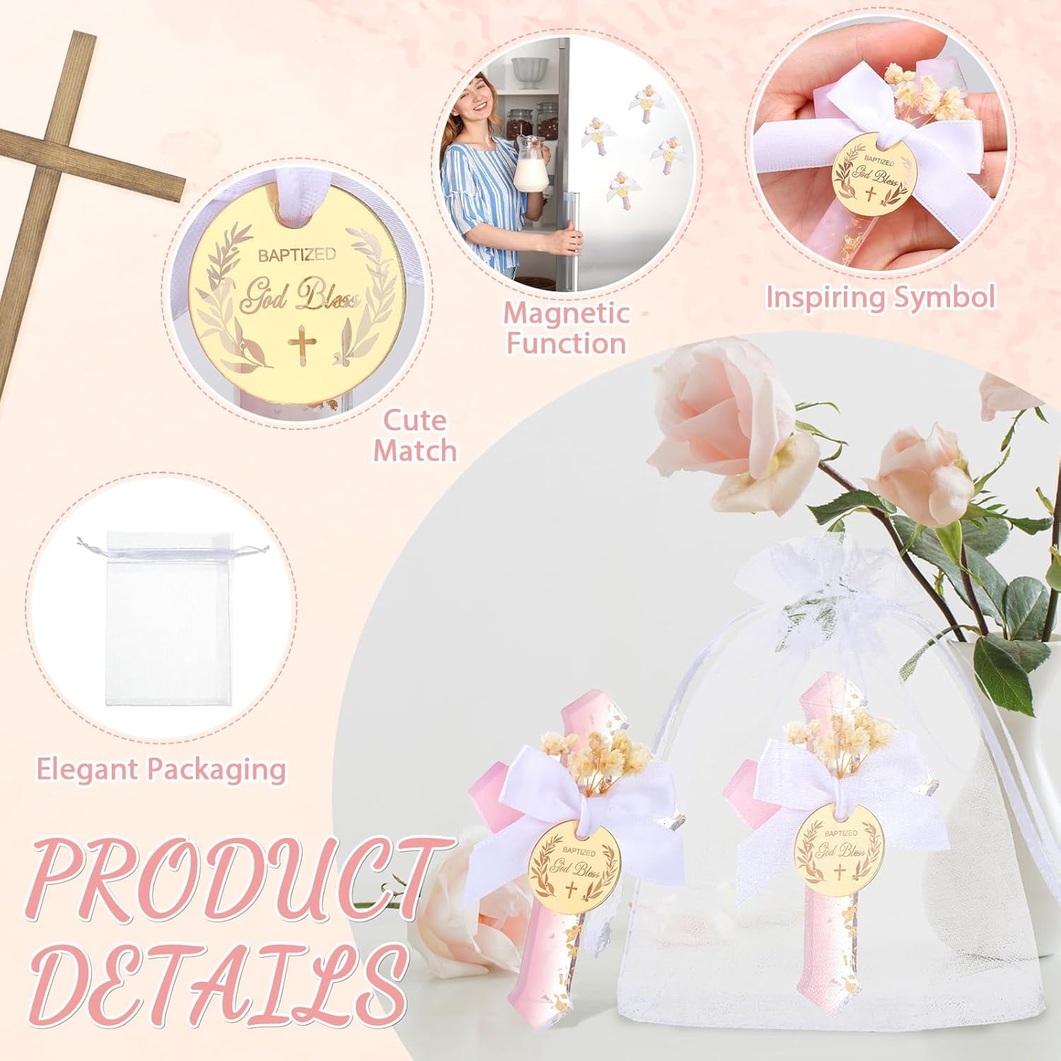 24 Pcs Baptism Favors for Guests Epoxy Cross Fridge Magnets First Communion Cross with Flower Christian Souvenirs Gift for Baptism Christening Baby Shower Party Family Gathering (Pink)