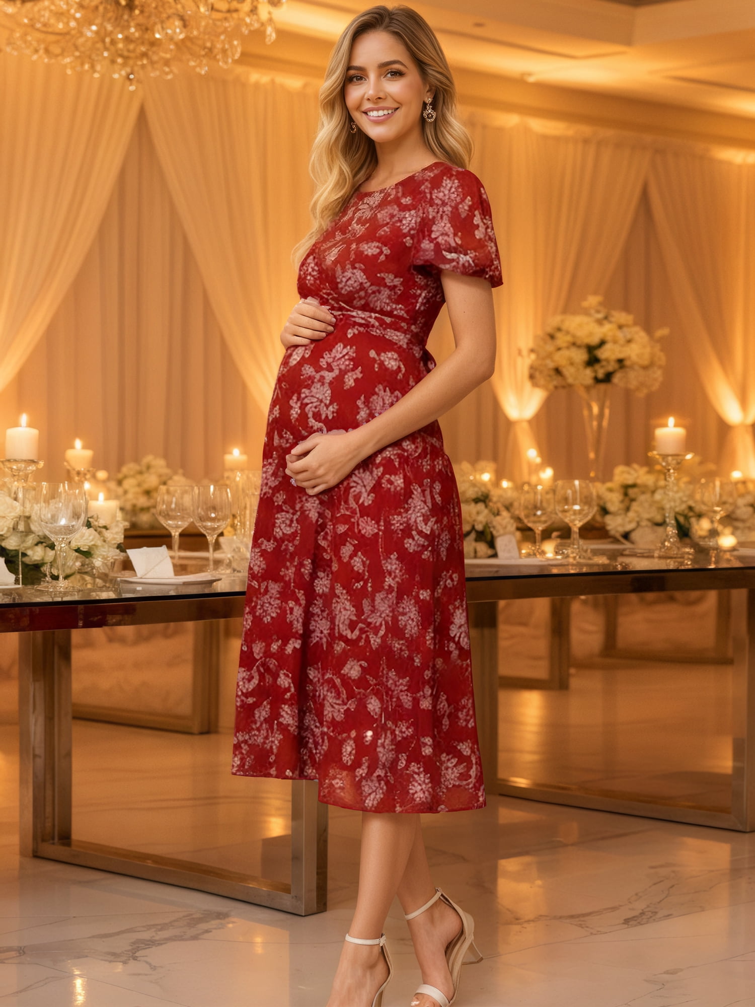 DARING DIVA Women's Maternity Flowy Pregnancy Dress 2XL Brown Dress & White Flower