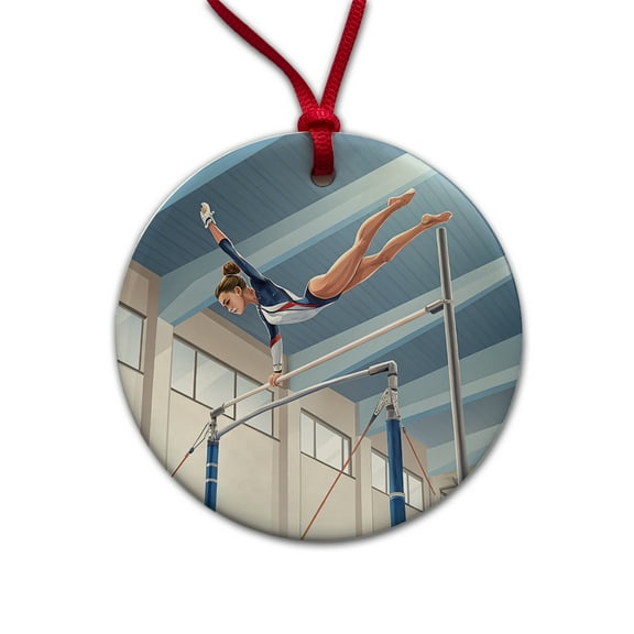 Women's Gymnastics Uneven Bars Christmas Tree Holiday Round Ceramic Ornament