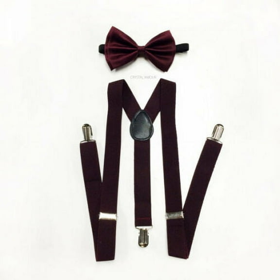 Dark Red Wine Burgundy Suspenders and Bowtie Set Adult Teens Prom Wedding Party Bow tie