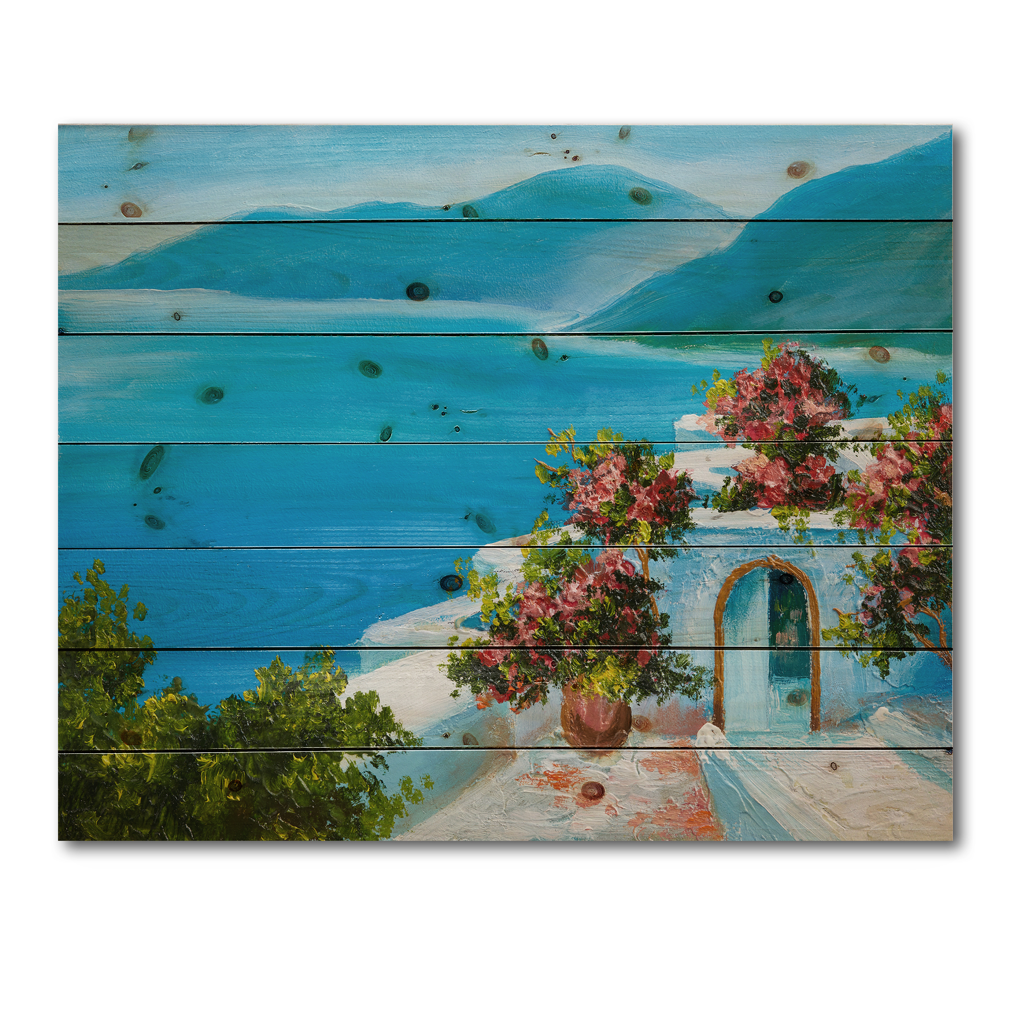 Designart 'House With Colorful Flowers Near The Sea I' Nautical & Coastal Print on Natural Pine Wood
