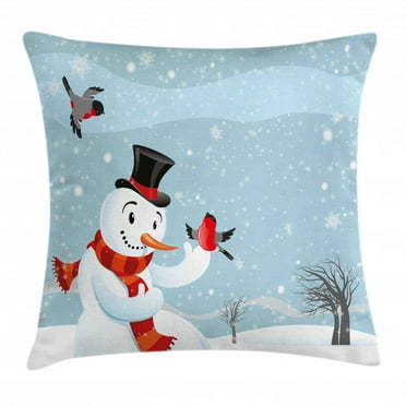 Snowman Throw Pillow Cushion Cover, Snowfall Festive New Year's Eve Celebration Theme Xmas Figure with Bullfinch Birds, Decorative Square Accent Pillow Case, 16 X 16 Inches, Multicolor, by Ambesonne