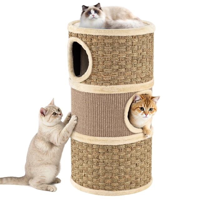 Gymax 3-Story Cat Condo 28'' Multi-level Cat Hideaway w/ Sisal Scratching Pad