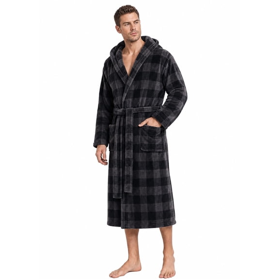 U2SKIIN Mens Fleece Robe with Hood, Soft Bathrobe Plush Robes for Men（Buffalo Plaid-Grey，Large-X-Large）
