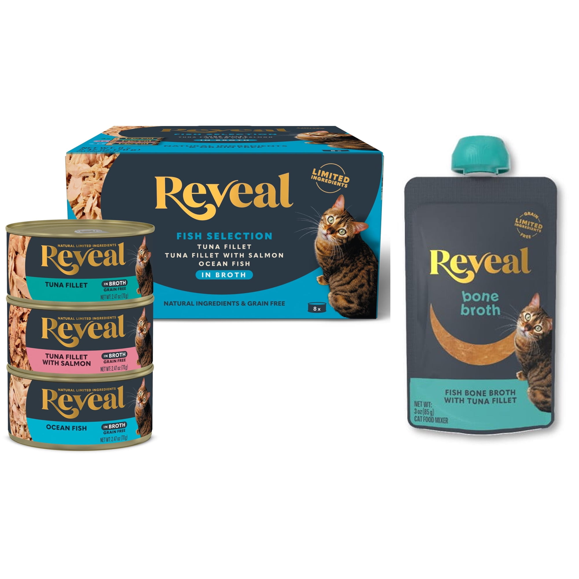 Bundle & Save: Reveal Pet Food Natural Wet Cat Food Fish Selection 8x2.47oz cans and Natural Cat Treats Bone Broth with Tuna Fillet 3oz