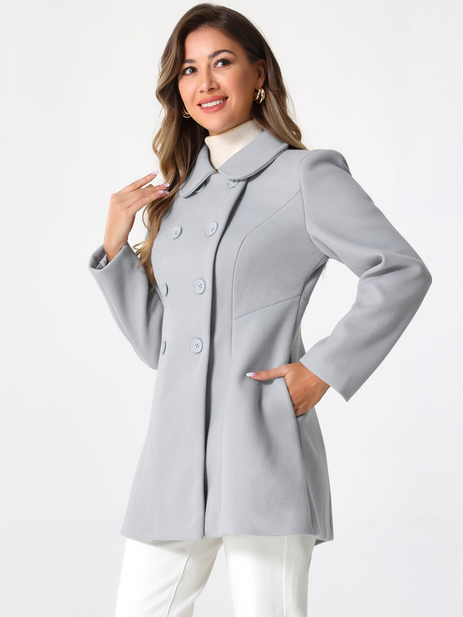 DARING DIVA Women's Peter Pan Collar Double Breasted Winter Trench Coat Light Grey M