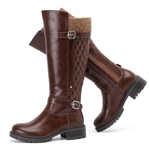 Love Steetly Women's Extra Wide Calf Knee High Boots, Faux Leather Winter Tall Boots, Diamond Quilted Shaft, Knitted Collar, Double Buckle Block Heel Boots.