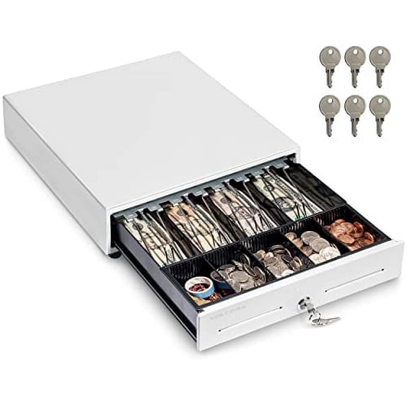 Volcora 13" Cash Register Drawer for Point of Sale (POS) System with 4 Bill 5 Coin Cash Tray, Removable Coin Compartment, 24V, RJ11/RJ12 Key-Lock, Media Slot, White - for Stores, Shops and Businesses