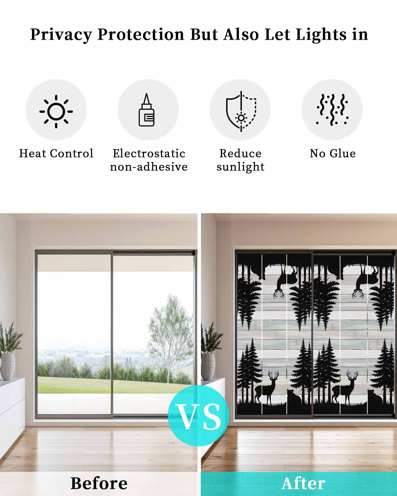 Window Privacy Film Forest Bear Stained Glass Window Film Decorative Sun Block Window Cover Silhouette Elk Stripes Tree Wood Grain Window Clings Static Adhesive Sticker for Bathroom 35.4"x78.7"