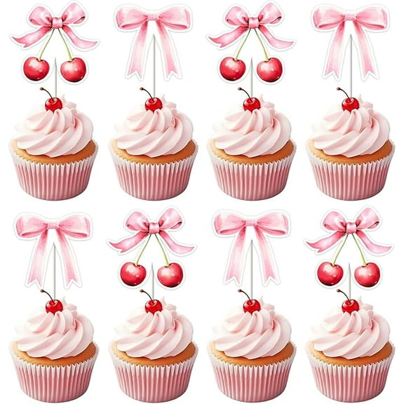 36Pcs Cherry Bow Themed Party Cupcake Toppers Pink Bow Cake Decorations Cherry Birthday Cake Decor Pink Bow Cupcake Picks for Girls Women Birthday Baby Shower Bachelorette Party Supplies