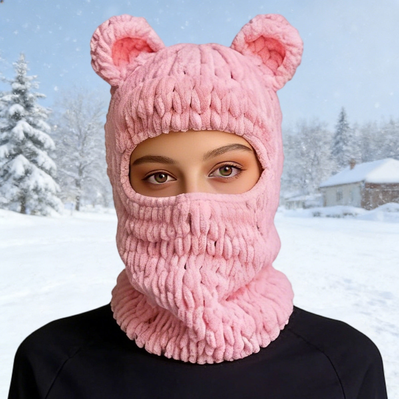 Y2K Knit Balaclava Face Mask, Bear Ear Winter Warm Hat for Women & Men - Knitted Skull Beanie Ski Scarf for Halloween & Cold Weather