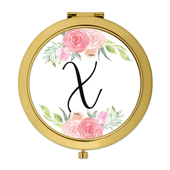 Koyal Wholesale Compact Mirror Bridesmaid's Wedding Gift, Gold, Monogram Letter X, Peach and Pink Roses, 1-Pack
