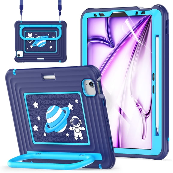 Dteck Case for iPad Air 11-inch M4/M3/M2 (2026/2025/2024) with Screen Protector, Kids Shockproof Astronaut Cover with Handle Stand Shoulder Strap Pencil Holder,Dark Blue