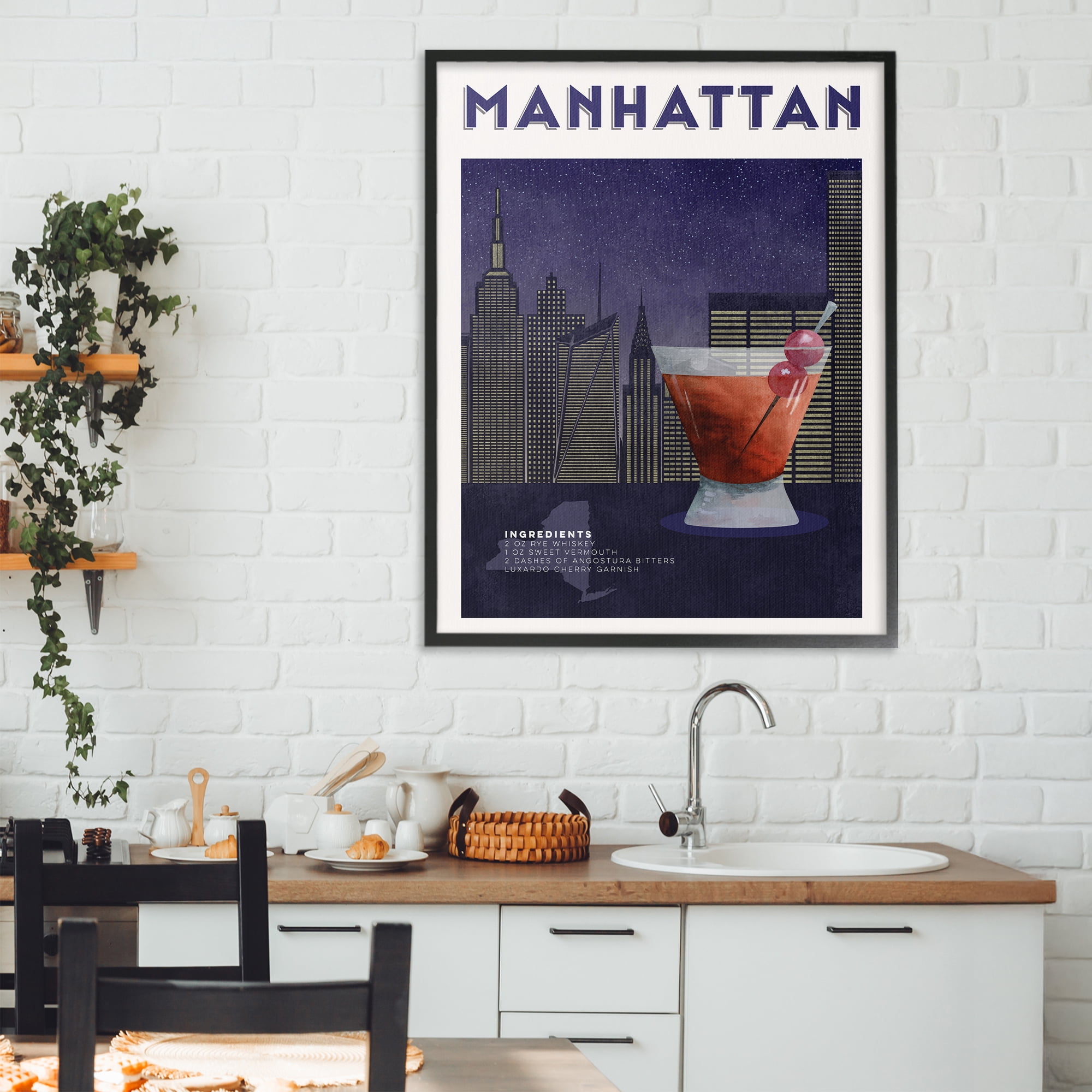 Retro Manhattan Cocktail Cityscape Black Framed Giclee Art, design by Brett Blumenthal