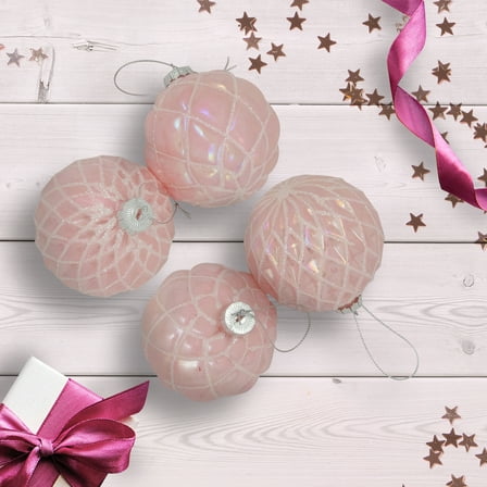 Northlight Glittered Geometric Iridescent Glass Ball Christmas Ornaments - 3" (80mm) - Pink  - 4ct