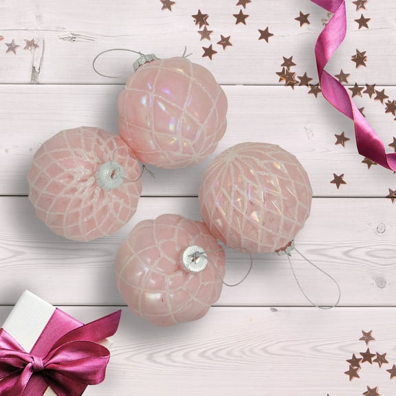 Northlight Glittered Geometric Iridescent Glass Ball Christmas Ornaments - 3" (80mm) - Pink  - 4ct