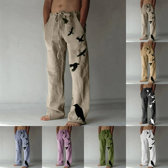 Jinhomg Men's Linen Cotton Pants 2025 Trendy Bird Printed Lounge Pants Loose Fit Casual Elastic Waist Summer Beach Pants with Pockets XXL