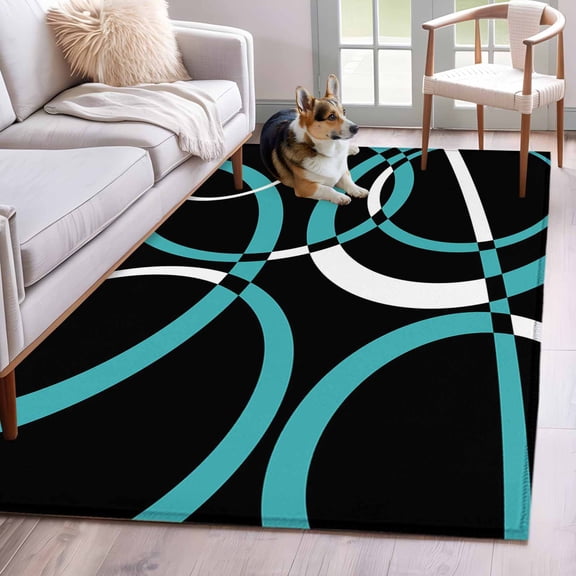 Area Rug for Living Room, Turquoise Geometric Non-Slip Indoor Large Carpet for Bedroom/Dining Room, Modern Abstract Aesthetic Striped Art Low-Profile Rectangle Floor Mat Runner Rugs - 2.7 x 5 Ft