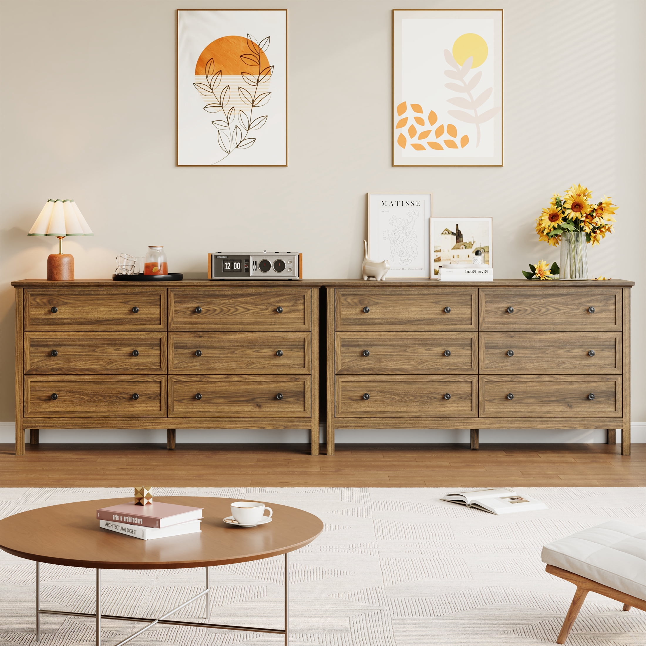 YouTrend Brown Large Dresser with 6 Drawer for Bedroom,Traditional Adult Chest of Drawers with Golden Handles for Living Room,Hallway