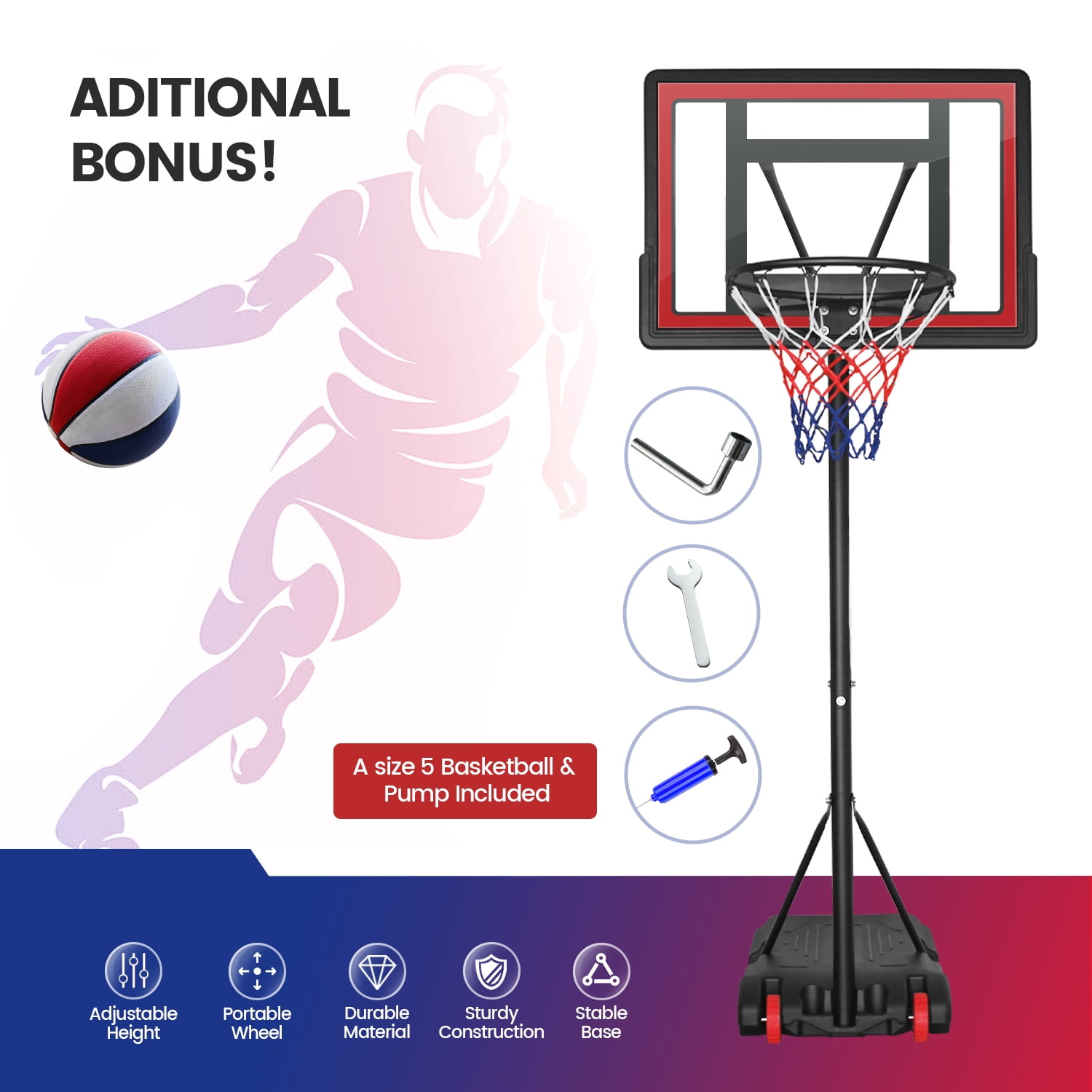 Buy Everest Portable Basketball Hoop & Goal System Height Adjustable 5 Ft. 7 Ft. with 34 In