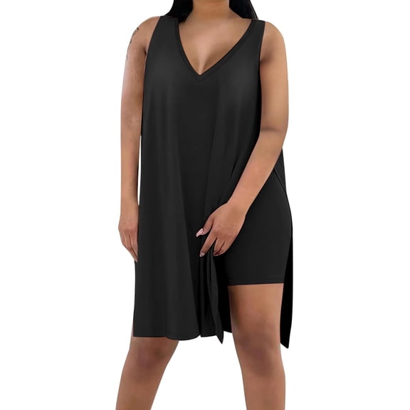 GILIGEGE 2 Piece Short Sets for Women Summer Women's Casual Oversized Two Piece O Neck Vest Open Top Top Top Tight Shorts Shorts Set Summer Beach Vacation Outfits Lounge Tracksuits Black L