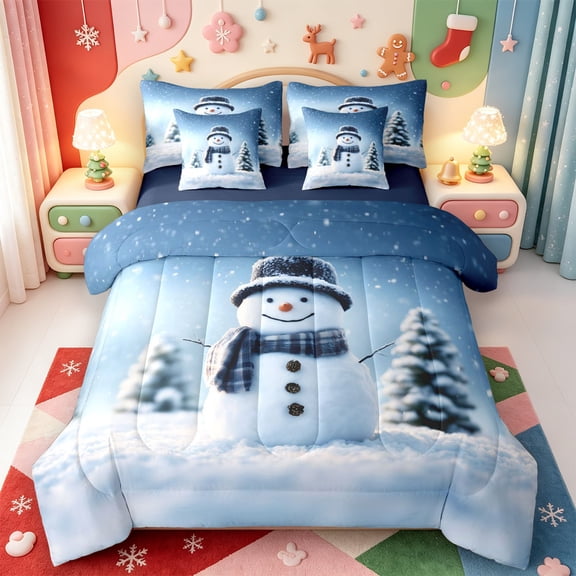 Manfei Winter Holiday 7-Piece Twin Bedding,Cartoon Xmas Christmas Tree Bedding Comforter Set,Navy Blue Reversible