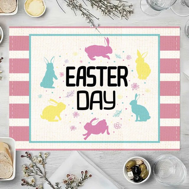 Juego de manteles individuales de Pascua con diseño de conejo, huevos y flores, para decoración de fiestas, cocinas y comedores.