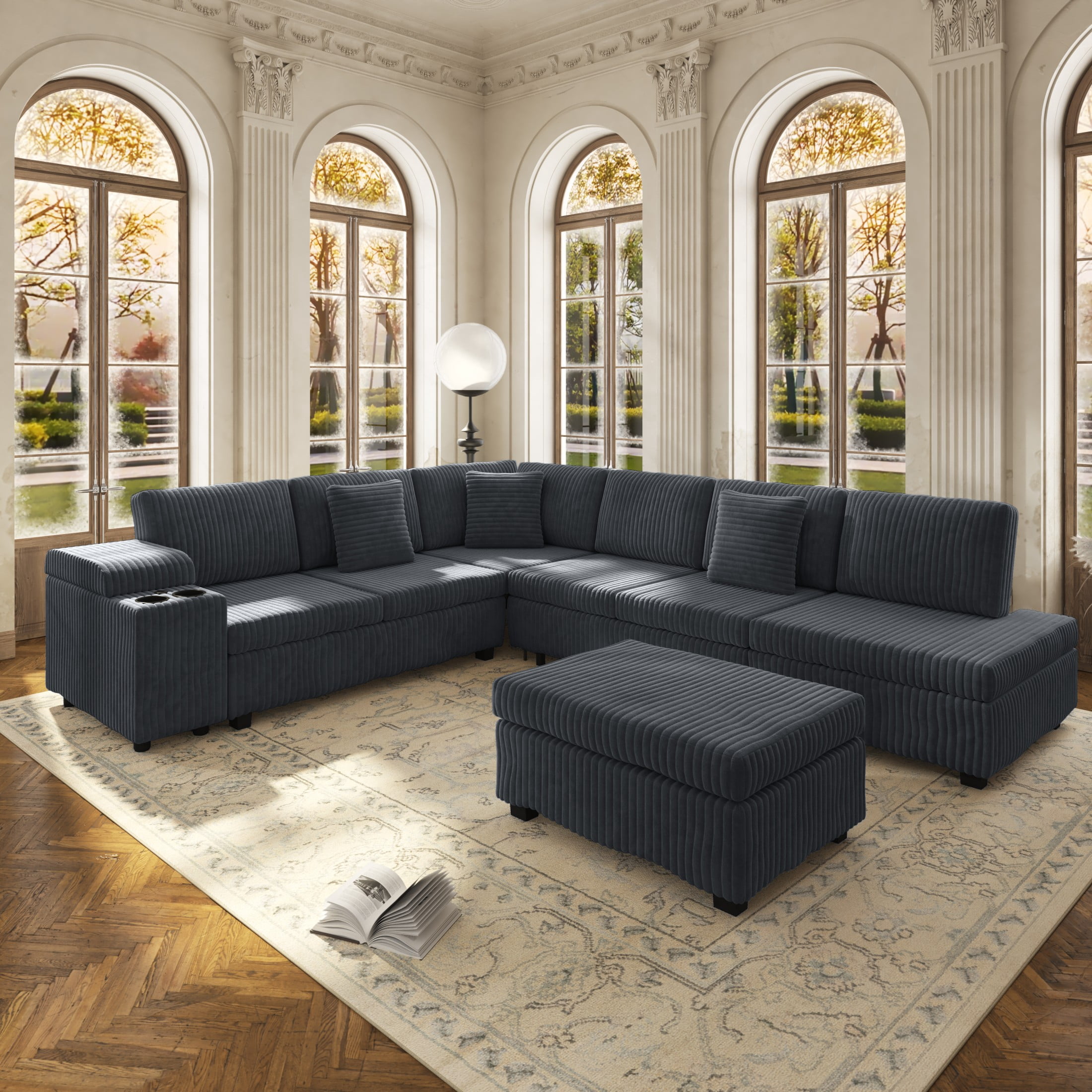 LLappuil 110" Sectional Sofa, Modular Sectional Couch Convertible Sofa Bed, 7 Seat Corduroy Sofa Couch with Movable Ottoman, Hidden Armrest Storage & USB Charging Ports Dark Gray