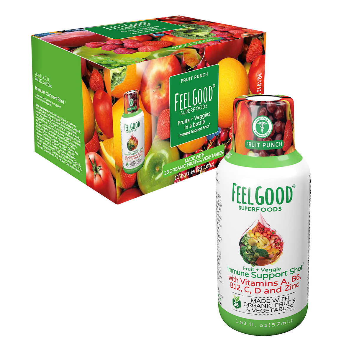 Feel Good Superfoods Immune Support Shot, 12 Shots, Fruit Punch