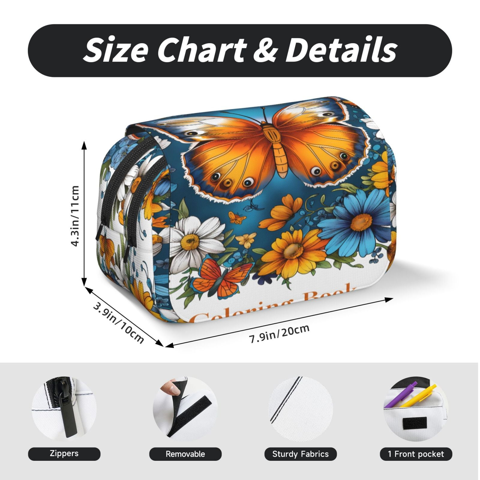 Rateoe Spring Butterfly Flowers Pattern Double Clamshell Pen Case, Storage Organizer with Two Zipper Compartments– Holds Up to 50 Pencils & Pens