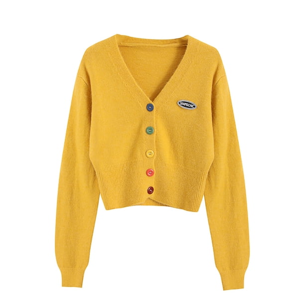 Minnieouse Mujer Camisa de punto Suelta Retro Manga larga Botón Suéter Otoño Abrigo Prendas para la parte del cuerpo Amarillo