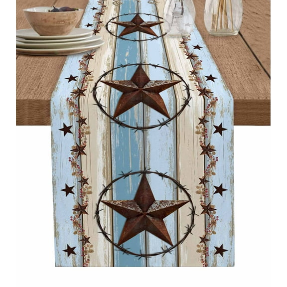 Country Star Blue Table Runner Cotton Linen 36 Inch Holiday Dresser Scarves, Farmhouse Western Texas Star Barn Tablerunner for Kitchen Coffee Dining Bedroom Living Room Dinner Scarf Décor 13''x36''
