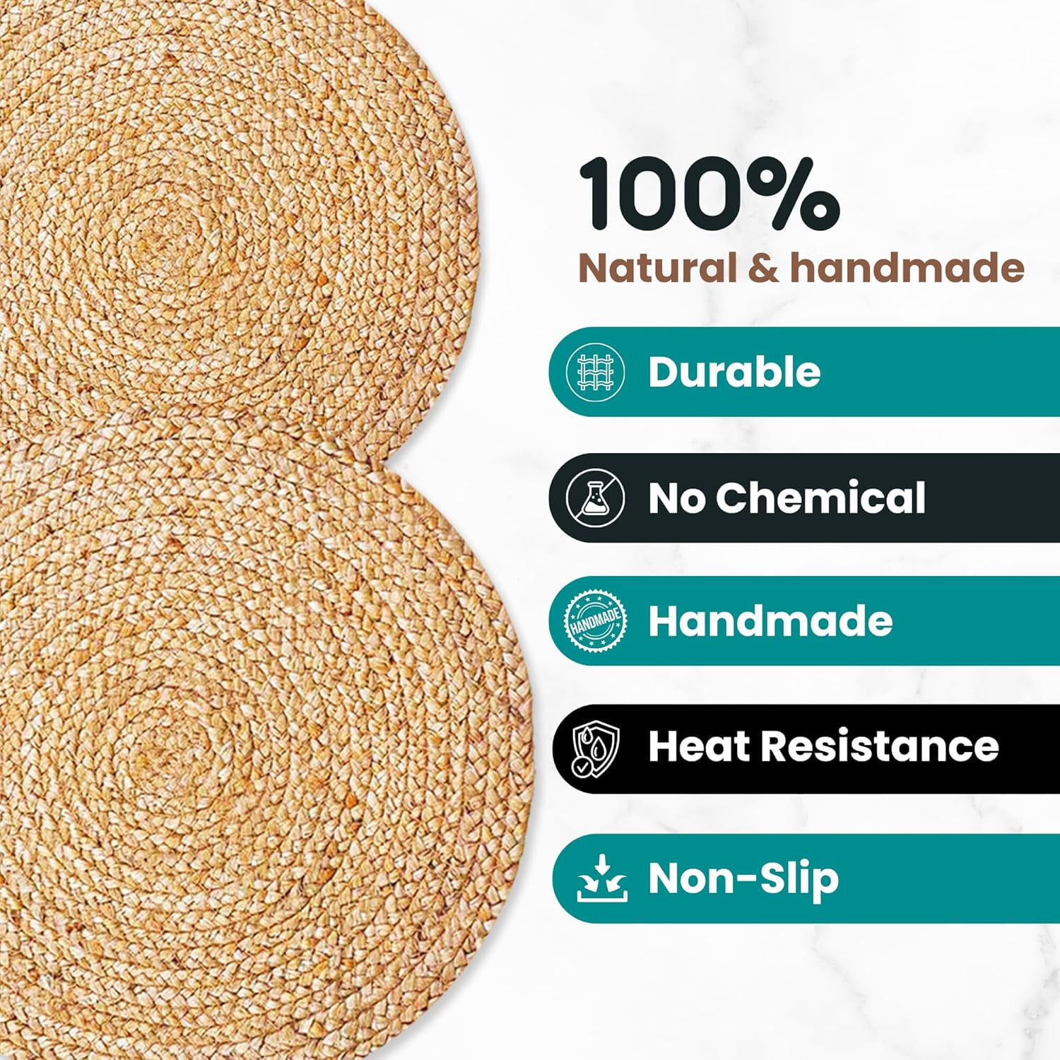 Woven Round Jute Placemats Set of 8 – Boho Farmhouse 100% Natural Non-Slip Handwoven Place Mats for Dining Table, Kitchen, Décor, and Events