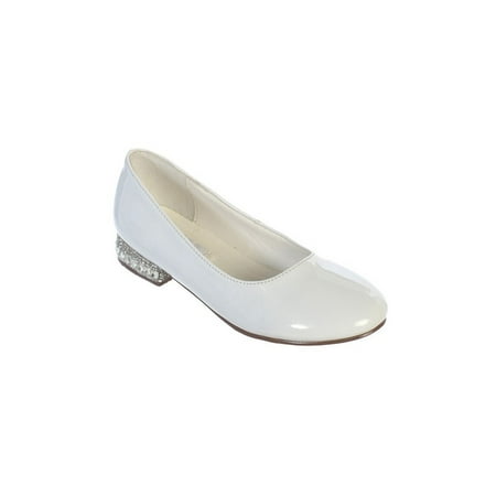 - Girls White Glitter Rhinestone Jeweled Heel Patent Leather Flats