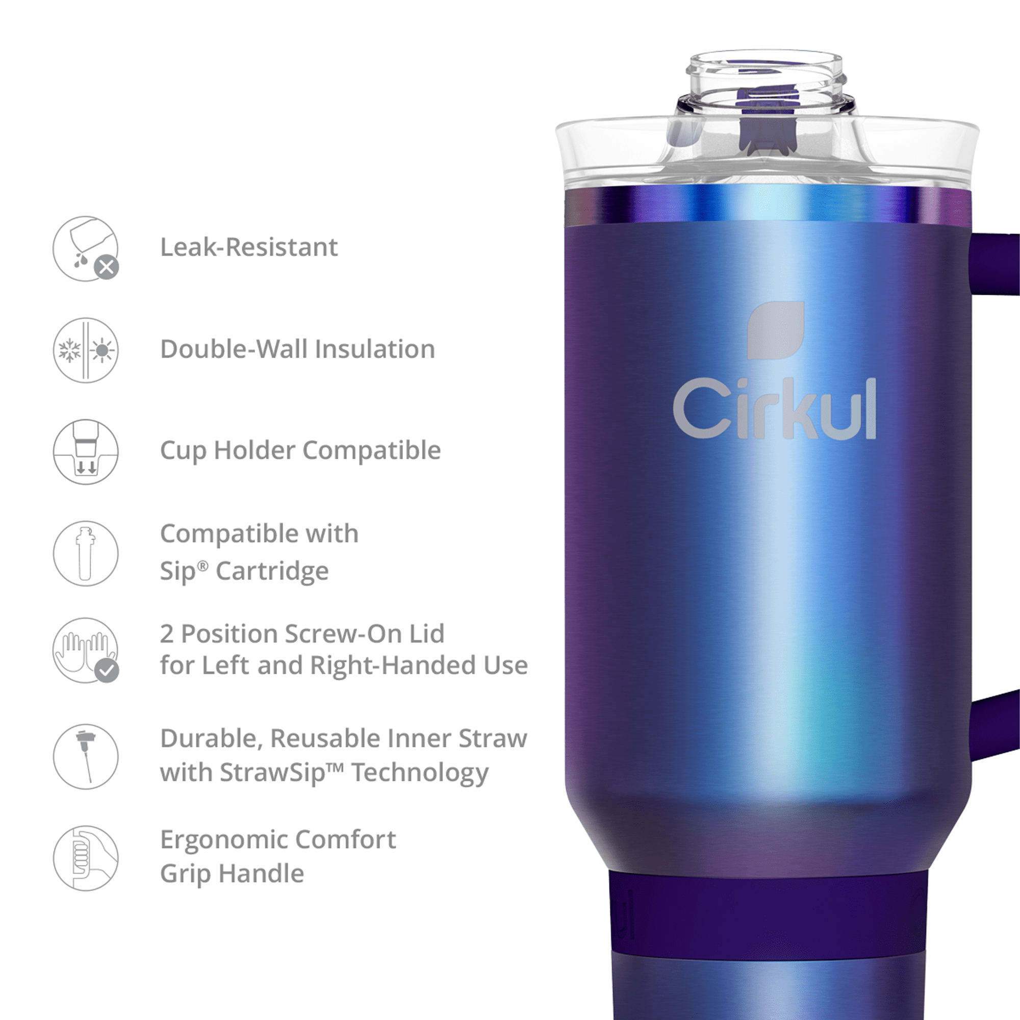 Cirkul 40oz All-Day StrawSip Double-Wall Insulated Stainless Steel Tumbler with Handle, Chameleon (Purple Green)