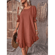 thumbnail image 4 of Vestido Corto Holgado con Mangas Abullonadas, Bajo con Volantes, Cuello Redondo y Fruncido, Bordado en Rojo M, 4 of 10