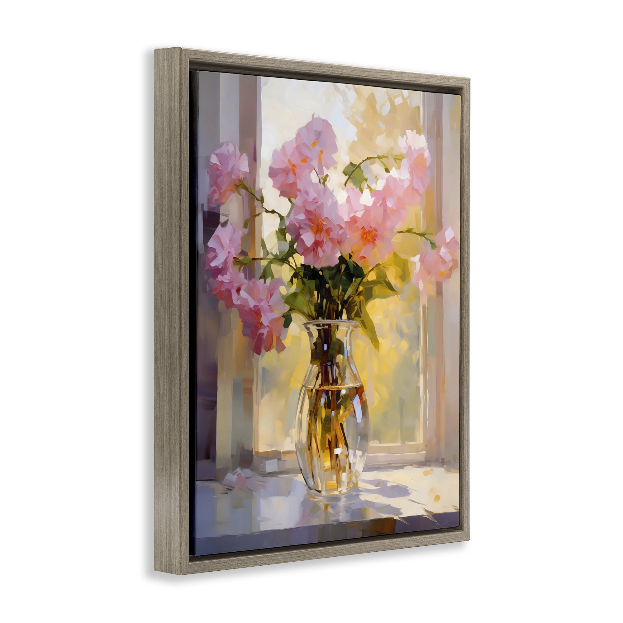 Stupell Industries Pink Flowers in Sunlit Vase Brown Framed Floater Canvas Wall Art, design by Creative Studio