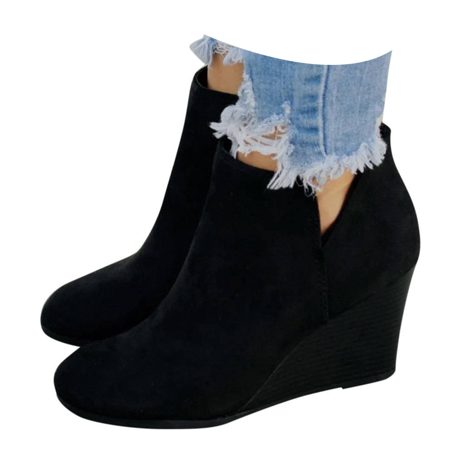 Leozcaa Woman Fashion Wedge Heel Ankle Boots Retro Suede Platform Pointed Toe Low Top Zipper Booties