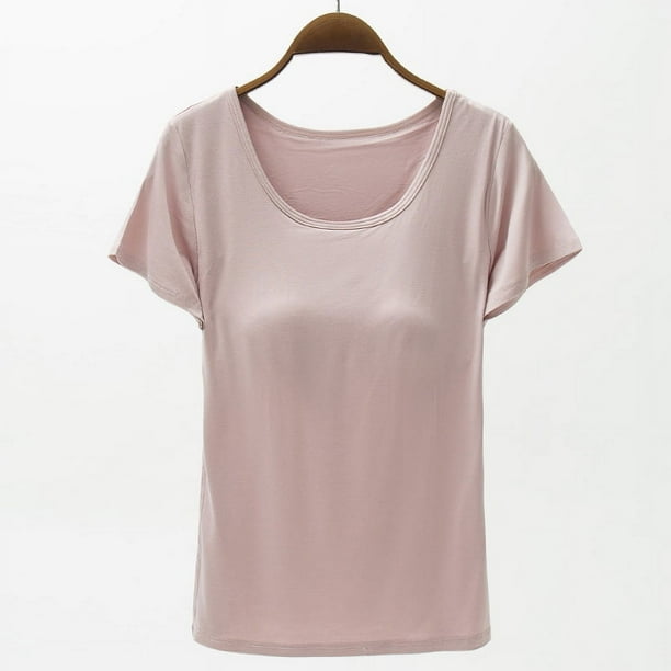 Camiseta de mujer de manga corta con almohadilla para el pecho de verano, sujetador de color liso, media manga, se puede usar como camisa de fondo